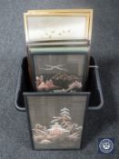 A box of seven framed Oriental silk panels and pictures