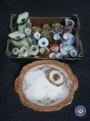 A box of Japanese tea china and tea plates, Victorian vases,