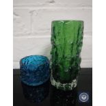 A Whitefriars green glass bark vase, height 15.