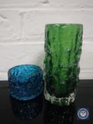 A Whitefriars green glass bark vase, height 15.