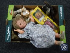 A box of Pelham puppet, vintage doll, duck hearth brush,