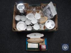 A box of assorted collector's plates including Wedgwood, Windsor china tea service,