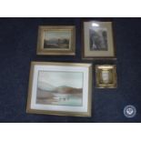 Four framed pictures to include a gilt framed R Dingwall watercolour of Highland cattle,
