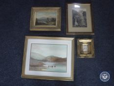 Four framed pictures to include a gilt framed R Dingwall watercolour of Highland cattle,