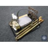 A tray of metal ware including wrought iron sconce, three brass rose sprayers,