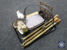 A tray of metal ware including wrought iron sconce, three brass rose sprayers,