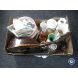 A box of assorted china, inlaid bowl backed mandolin, glass decanter and vases,