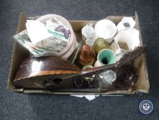 A box of assorted china, inlaid bowl backed mandolin, glass decanter and vases,