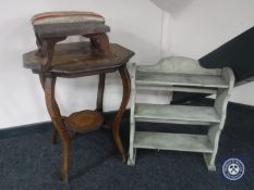 A Victorian inlaid two tier occasional table together with a carved oak footstool and one other,