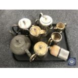 A tray of hip flask and seven pieces of plated tea ware
