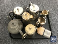 A tray of hip flask and seven pieces of plated tea ware