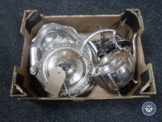 A box of silver plated spirit kettle,