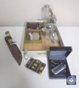 A box of dressing table bottles, compact, horn handled hunting knife, costume jewellery,