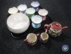 A tray of Maling bowl, six Maling lustre grapefruit dishes and a three piece Price Brothers teapot,