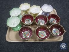 A tray of five Maling lustre grapefruit dishes together with six Maling Peony Rose sundae dishes