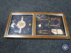 A framed clock montage with horse related miniature items