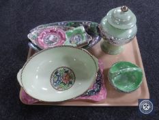 A tray of nine piece of Maling lustre china including Peony Rose bowl and lidded ginger jar etc
