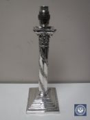 A late nineteenth century silver plated Corinthian column table lamp base