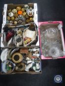Four boxes containing honey pots, figurines, glass ware,