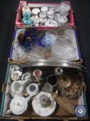 Three boxes containing assorted tea china, Japanese tea set, plated gallery tray, glass ware,
