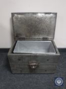 A metal bound coal box with lion mask decoration and liner