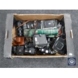 A box containing assorted cameras and lens - Zenit, Kodak Brownie,