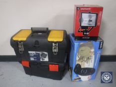 Two plastic toolboxes containing hand tools together with a security light and a massager