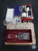 A tray of boxed RCR lead crystal decanter, assorted boxed and unboxed glasses,