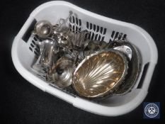 A box of early 20th century plated wares including swing-handled baskets, coffee pots,