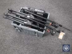 A box containing two Stagg microphone stands, FBV Express Mk II control pedal, cordless microphones,