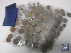 A box of coins, Britains decimal coin set, plastic files containing coins, two shilling pieces,