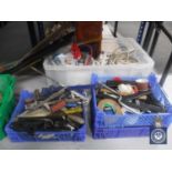 Five crates of assorted hand tools, extension leads,