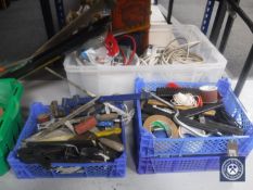 Five crates of assorted hand tools, extension leads,