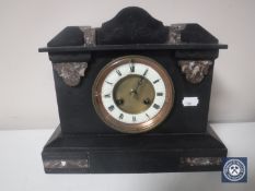 A Victorian slate brass mantel clock with brass and enamelled dial (glass cracked)