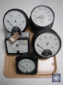 A tray of five metal cased amp volt and watt meters