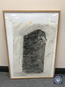 Donald James White : Niani - Tower House, charcoal study, dated 3.7.91, 84 cm x 59 cm, framed.