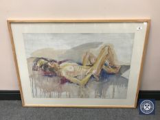 Donald James White : Nude study of Karen reclining, watercolour, signed with initials, dated '87,