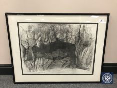 Donald James White : Songia Cave, Crete, charcoal study, signed with initials, dated 17/7/87,
