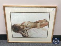 Donald James White : Nude study of Karen reclining, watercolour, signed with initials, dated 3/2/86,