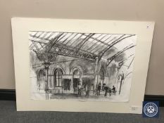 Donald James White : Tynemouth Station, charcoal study, signed with initials, 16/10/01,