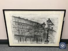 Donald James White : Opera, Budapest, charcoal study, signed with initials, dated 23.12.
