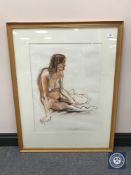 Donald James White : Nude study of Karen seated, colour chalks, signed with initials, dated '87,