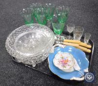 A tray containing lead crystal fruit bowls, set of six two-tone wine glasses,