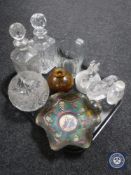 A tray of assorted glass ware : two whisky decanters, petrol glass dish, paperweights,