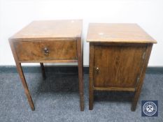 A Victorian walnut side table fitted a drawer and an oak pot cupboard