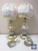 A pair of Victorian glass and metal table lamps with shades and hand painted decoration