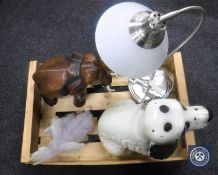 A crate of pottery Spaniel figure, table lamp with shade,