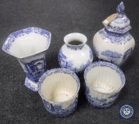 A pair of Spode blue and white planters and three vases