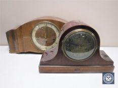 A 20th century walnut mantel and a battery operated mantel clock