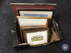 A box of assorted pictures and prints including signed cricket print, print of Bamburgh Castle,